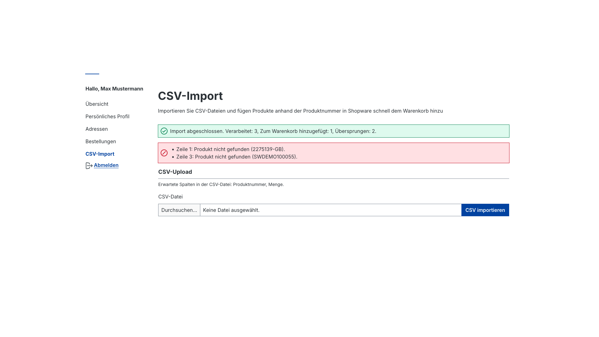 CSV Warenkorb Import